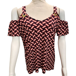 Michael Michael Kors Cold Shoulder Blouse Size M Navy Red White Woven Print Gold